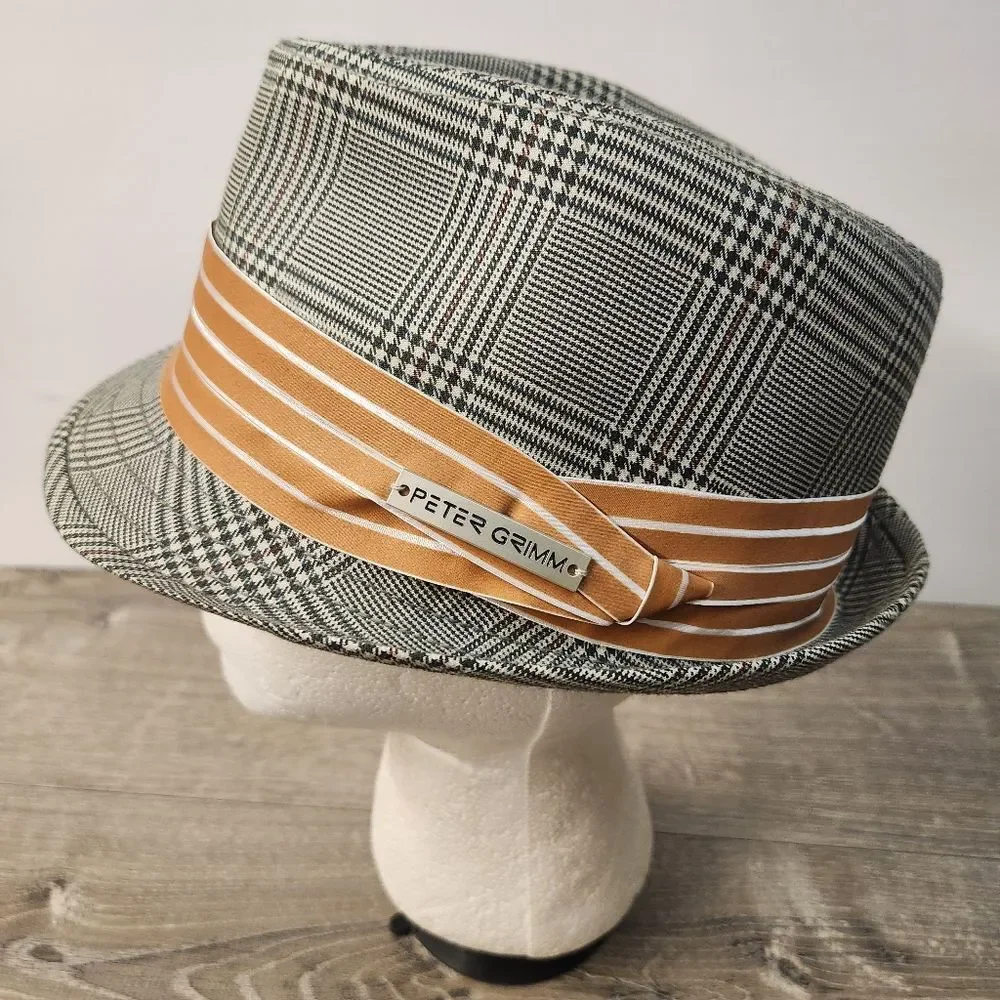 Peter Grimm Mens Fedora Hat‎ Grey Black Plaid Size S/M Orange Hat Band Logo